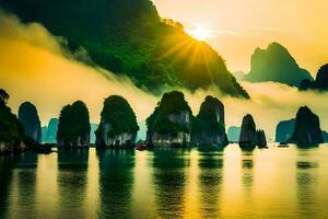 the sun rises over the mountains in halong bay. AI-Generated photo