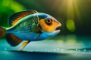 un pescado con brillante colores y un brillante Dom. generado por ai foto