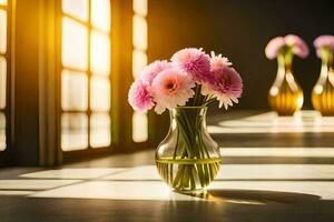 pink flowers in a vase on a table. AI-Generated photo