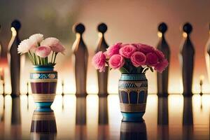 three vases with flowers in them on a table. AI-Generated photo