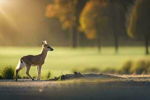 a deer stands in the middle of a field at sunset. AI-Generated photo