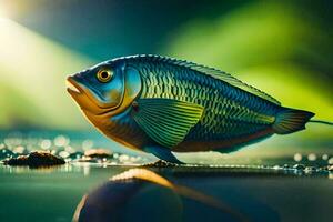 a fish is standing on the water with a bright light. AI-Generated photo
