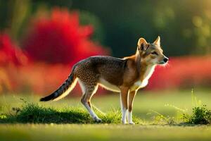 a fox stands in the grass in front of a red background. AI-Generated photo