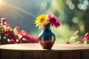 a colorful vase with flowers on a table. AI-Generated photo