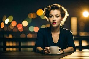 a woman sitting at a table with a cup of coffee. AI-Generated photo