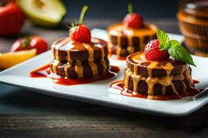 three small cakes with chocolate sauce and strawberries. AI-Generated photo