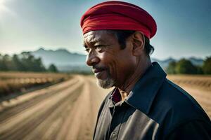 a man in a red turban stands on a dirt road. AI-Generated photo