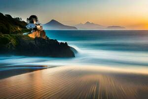 a lighthouse sits on the shore of a beach at sunset. AI-Generated photo