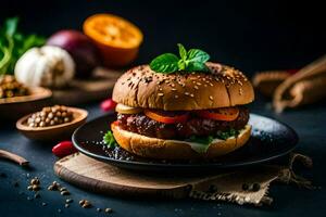 a hamburger with tomatoes and spices on a black plate. AI-Generated photo