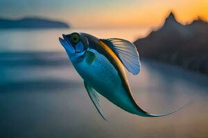 un pescado volador terminado el Oceano a puesta de sol. generado por ai foto