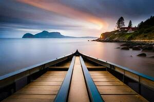 a boat is docked at the end of a pier. AI-Generated photo