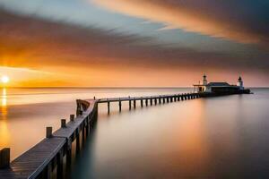 a long exposure photograph of a pier at sunset. AI-Generated photo