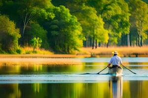 a man in a canoe paddling through a lake. AI-Generated photo