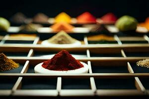 a tray of spices and spices on a table. AI-Generated photo