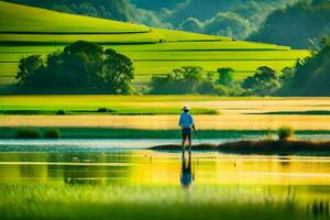 a man standing in the middle of a lake. AI-Generated photo