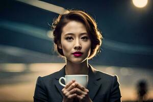 a woman in a suit holding a coffee cup. AI-Generated photo