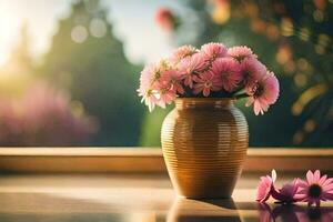 pink flowers in a vase on a table with a window. AI-Generated photo