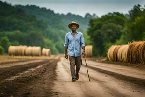 a man walking down a dirt road with hay bales in the background. AI-Generated photo