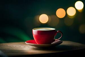 a red cup of coffee on a wooden table. AI-Generated photo