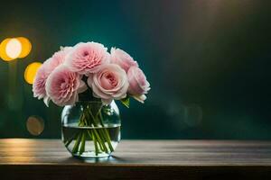 pink roses in a vase on a table. AI-Generated photo