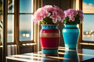 two vases with pink flowers sitting on a table. AI-Generated photo