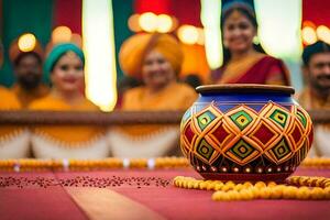 a colorful pot with beads on a table with people in the background. AI-Generated photo