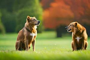 two dogs sitting on grass in front of trees. AI-Generated photo