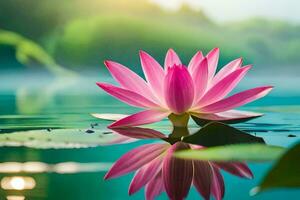 rosado loto flor en el agua con verde hojas. generado por ai foto