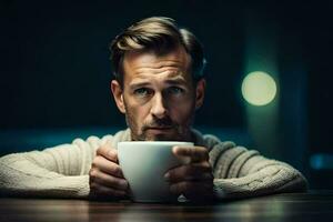 a man is sitting at a table with a cup of coffee. AI-Generated photo