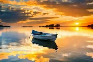 un barco es flotante en el agua a puesta de sol. generado por ai foto