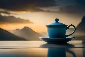 a cup and saucer on a table with mountains in the background. AI-Generated photo