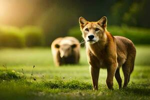 a dog and a bear in the grass. AI-Generated photo