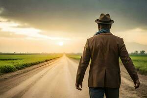 man walking on a dirt road at sunset. AI-Generated photo