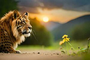 a tiger sitting on the ground with a flower in the foreground. AI-Generated photo