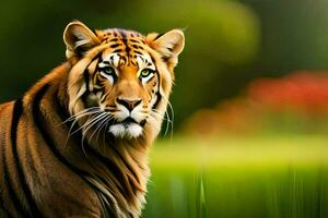 a tiger is standing in the grass. AI-Generated photo