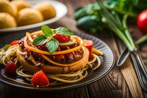 a plate with spaghetti and vegetables on it. AI-Generated photo