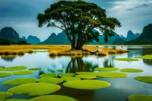 the tree and lily pads in the water. AI-Generated photo