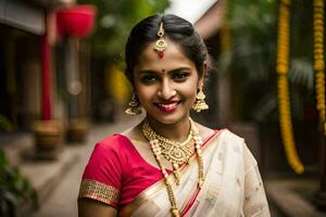 a beautiful indian bride in a traditional sari. AI-Generated photo