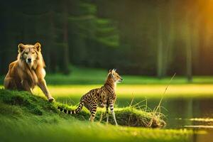 a lion and a cheetah are standing in the grass. AI-Generated photo