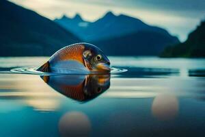 un pescado nadando en el agua con montañas en el antecedentes. generado por ai foto