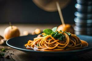 spaghetti with meat sauce and nuts on a black plate. AI-Generated photo