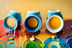un vistoso conjunto de tazas con diferente colores. generado por ai foto