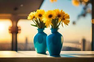 two blue vases with yellow flowers on a table. AI-Generated photo