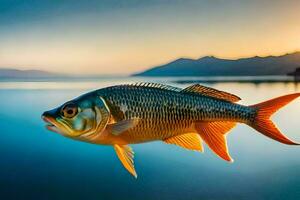 un pescado es nadando en el agua a puesta de sol. generado por ai foto