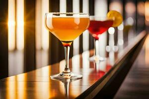 three different cocktails are lined up on a bar. AI-Generated photo