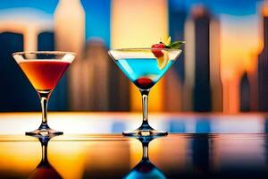 two cocktails on a bar with city skyline in the background. AI-Generated photo