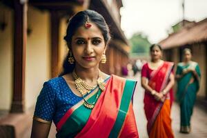 a woman in a colorful sari standing in a courtyard. AI-Generated photo