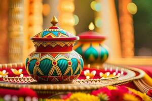 a colorful pot with a candle on top of it. AI-Generated photo
