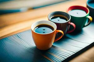 Tres café tazas en un de madera bandeja. generado por ai foto