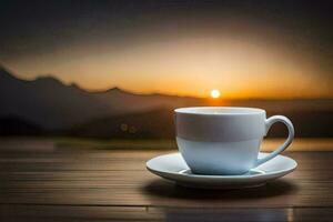 a cup of coffee on a wooden table with a beautiful sunset in the background. AI-Generated photo